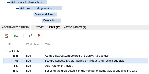 Link controls provided in a work item form