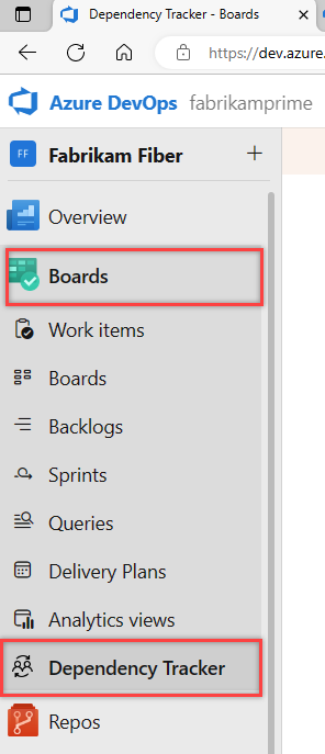 Screenshot showing Dependency Tracker hub in Azure Boards.
