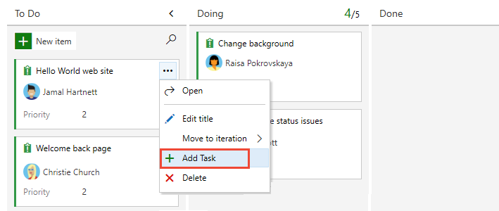 Choose Add Task from Issues card menu, Basic process.