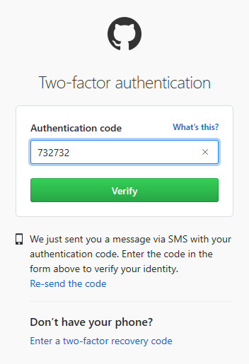 GitHub two-factor authentication dialog