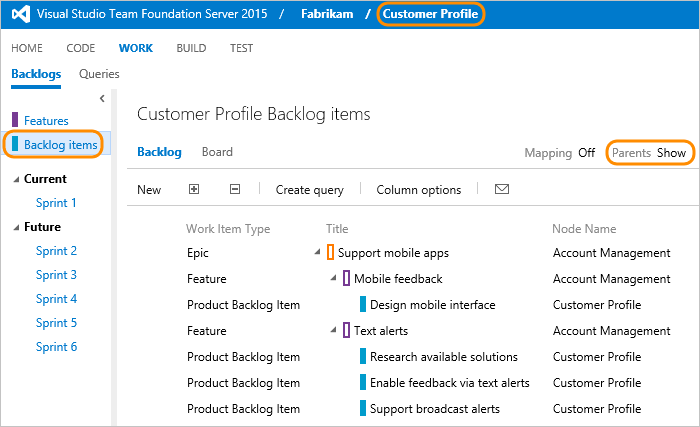 Backlog view of Customer profile feature team