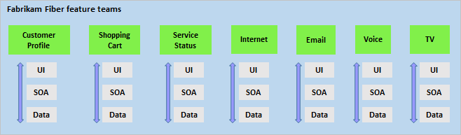Diagramm mit sieben Funktionsteams: Shopping cart, Customer profile, Service status, Email, Voice, Internet und TV