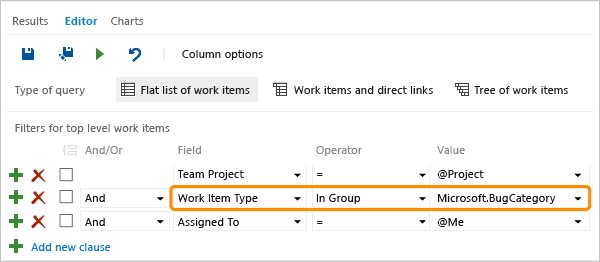 Query clause to find work items by category