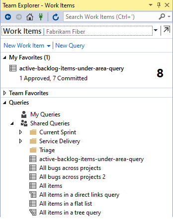 Screenshot of Work Items page, Visual Studio showing query folders.