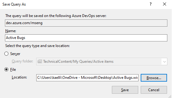 Screenshot, Visual Studio, Save Query As a WIQ file dialog.