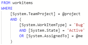 Screenshot: Logischer Ausdruck. Ein UND-Operator gruppiert die Felder „Arbeitselementtyp“, „Status“ und „Zugewiesen“. Ein ODER-Operator gruppiert die Felder „Status“ und „Zugewiesen“.