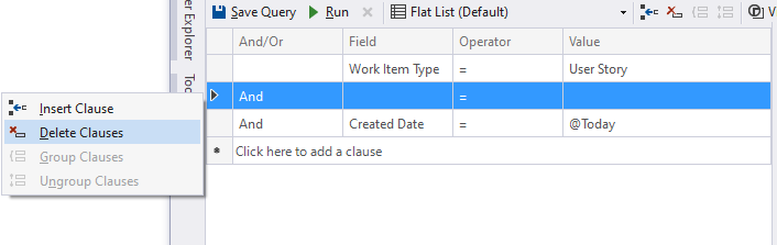 Screenshot: Abfrage-Editor von Visual Studio, Kontextmenü zum Einfügen und Löschen von Klauseln.