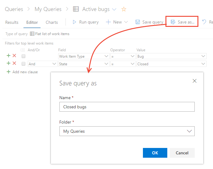Save As query dialog, new experience