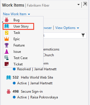 Work Items, Add User Story