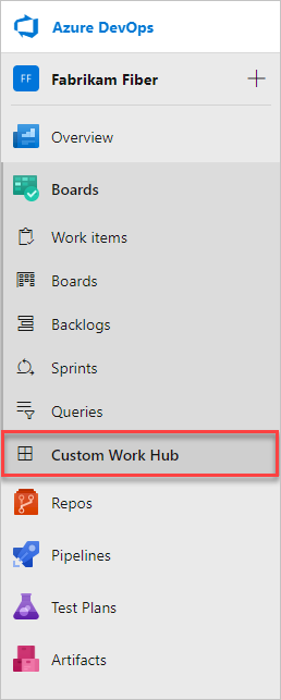 Benutzerdefinierter Hub, der Azure Boards hinzugefügt wurde.