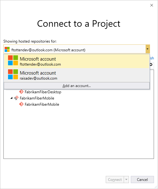 Connect with VS 2017 using different credentials to sign in