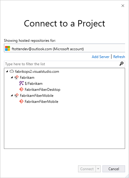 Connect to a Project dialog box