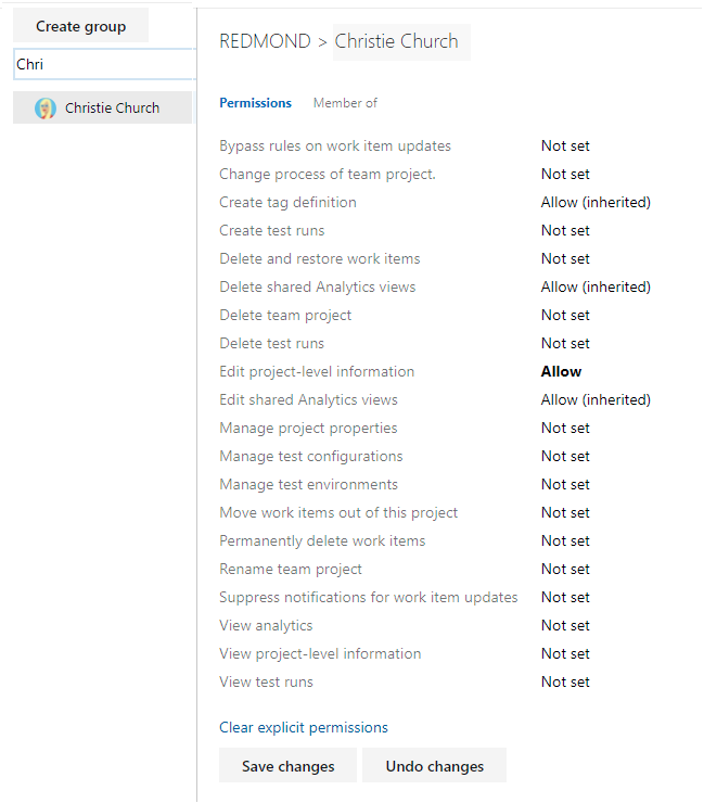Screenshot of selected user , change Edit project-level information permission level.