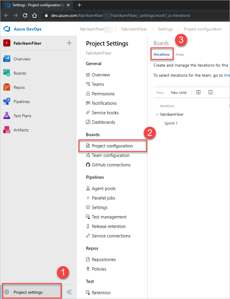 Screenshot of Project Settings>Work>Project Configuration for Azure DevOps Server 2020 and on.