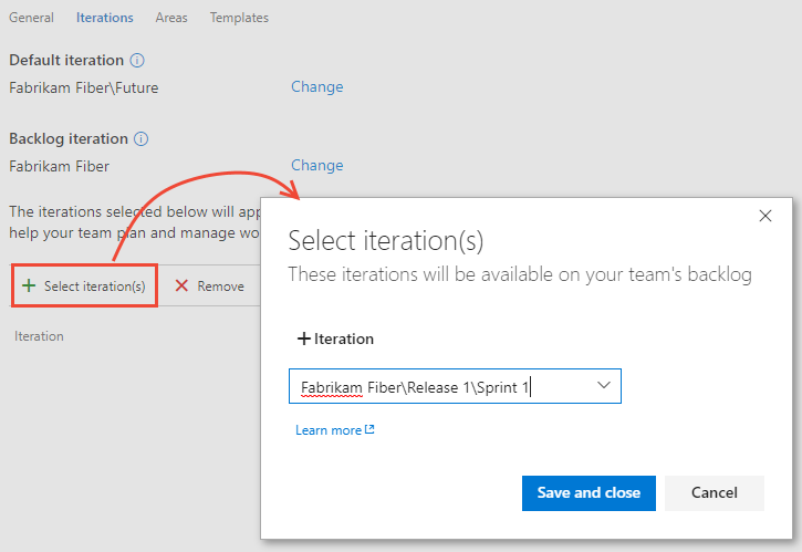Screenshot of Work, Iterations page for team, select sprints for Azure DevOps Server 2019 and on.