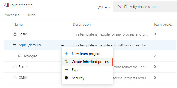 Context menu, Choose Create inherited process, Azure DevOps Server 2020.