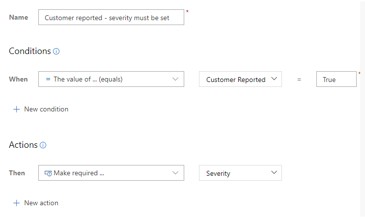 Screenshot der benutzerdefinierten Regel, um schweregrad erforderlich zu machen, wenn customer REported field=true.