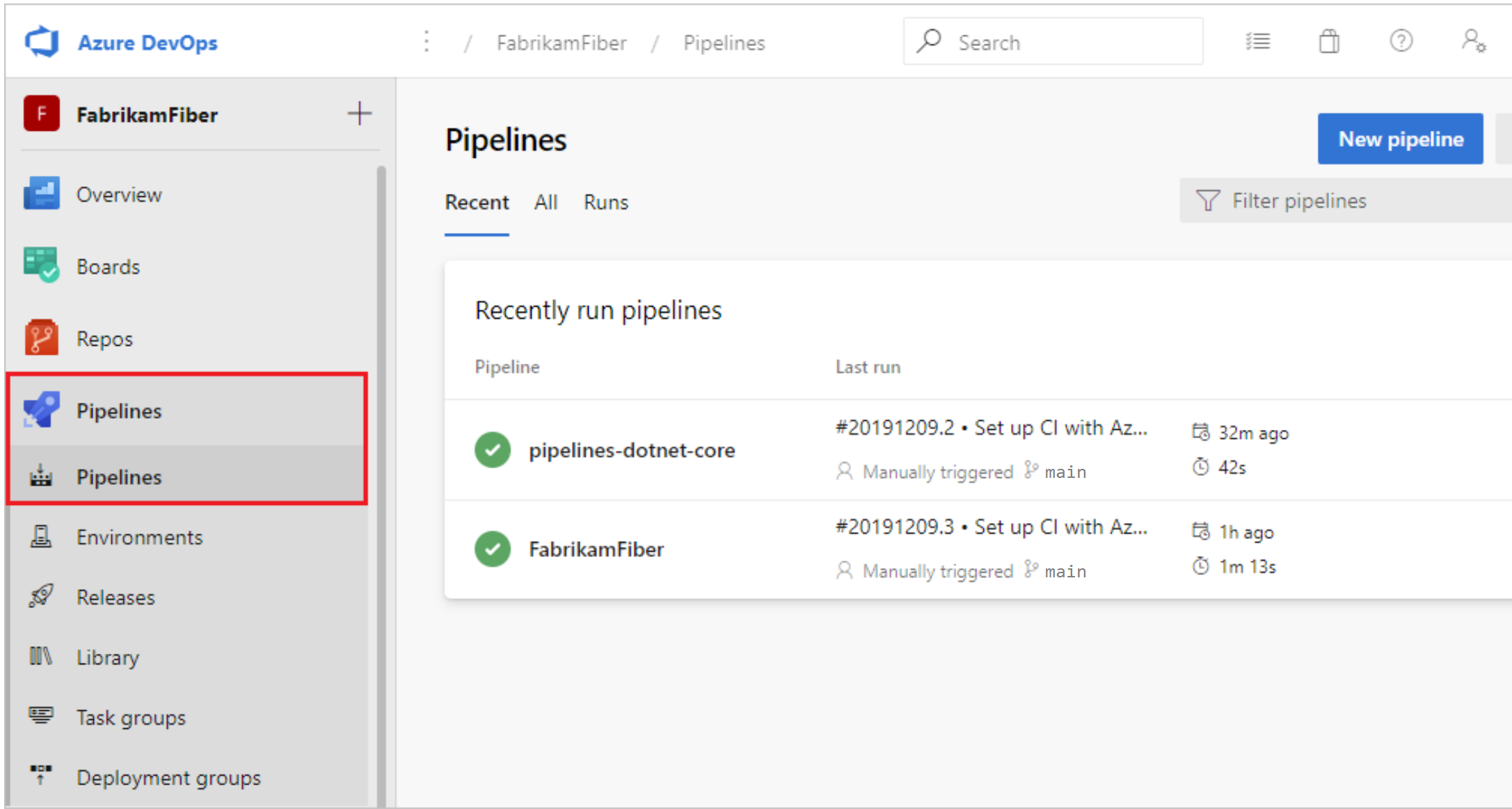 Screenshot: Azure Pipelines-Übersicht