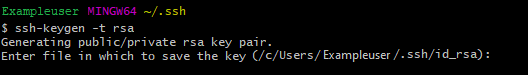 Screenshot der GitBash-Eingabeaufforderung, um einen Namen für Ihr SSH-Schlüsselpaar einzugeben.