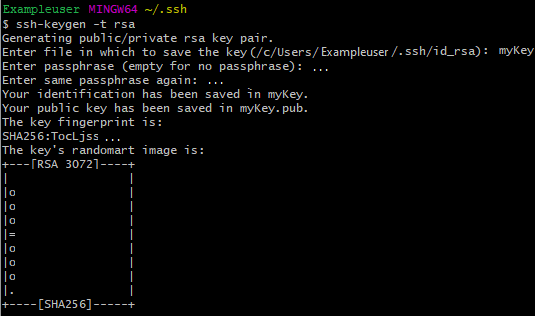 Screenshot der GitBash-Meldung, die zeigt, dass ein SSH-Schlüsselpaar erstellt wurde.