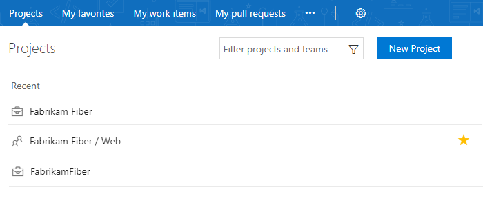 Projects page, vsts