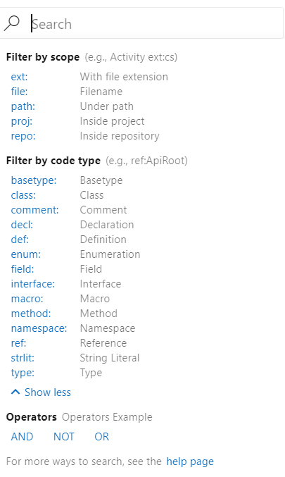 Code search filter options.