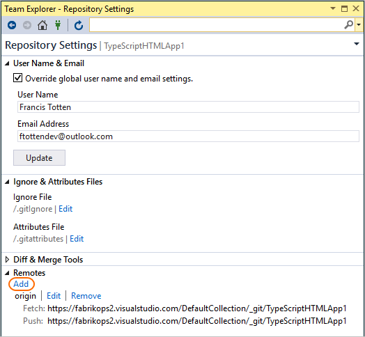 Hinzufügen einer Remotefunktion für ein Repository im Visual Studio-Team-Explorer