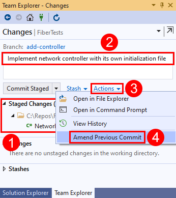 Screenshot showing the 'Amend Previous Commit' option in the 'Changes' view of Team Explorer in Visual Studio 2019.