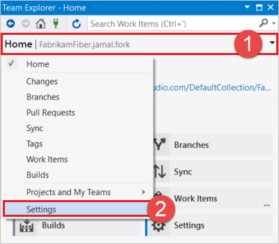 Screenshot der Team Explorer-Startansicht in Visual Studio 2017.