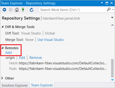 Screenshot der Repositoryeinstellungen in Visual Studio 2017.