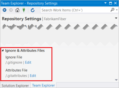Screenshot der Option zum Bearbeiten von Gitignore- und Gitattributes-Dateien in Visual Studio 2017.