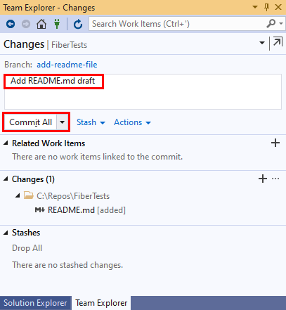 Screenshot: Text der Commitnachricht und Schaltfläche „Alle committen“ in Visual Studio 2019.