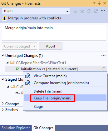 Screenshot of the context menu for a conflicting file in the Git Changes window of Visual Studio 2019.