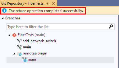 Screenshot of the rebase confirmation message in the Git Repository window of Visual Studio 2019.