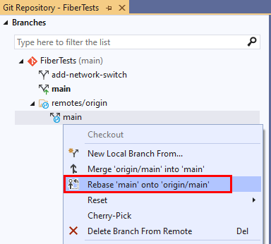 Screenshot of the Rebase option in the branch context menu in the Git Repository window of Visual Studio 2019.