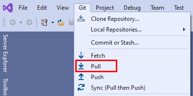 Screenshot of the Pull option in the Git menu in Visual Studio 2019.