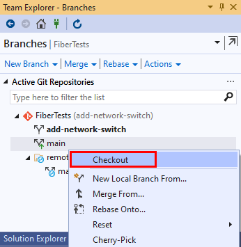 Screenshot of the Checkout option in the Branches view of Team Explorer in Visual Studio 2019.