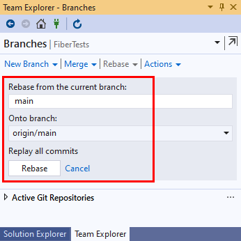 Screenshot of the rebase details in the Branches view of Team Explorer in Visual Studio 2019.