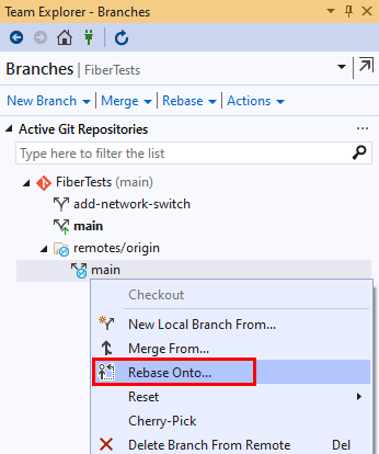 Screenshot of the Rebase Onto option in the Branches view of Team Explorer in Visual Studio 2019.