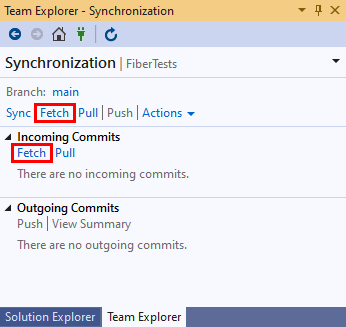 Screenshot of the Fetch button in the Synchronization view of Team Explorer in Visual Studio 2019.
