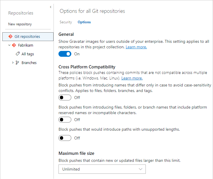 Screenshot of the Options for all repositories.