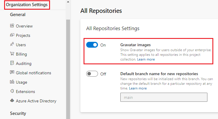 Screenshot that shows the organization-level setting for Gravatar images.