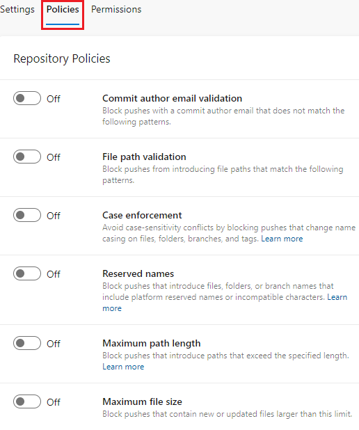 Screenshot that shows the repo 'Policies' tab selected.