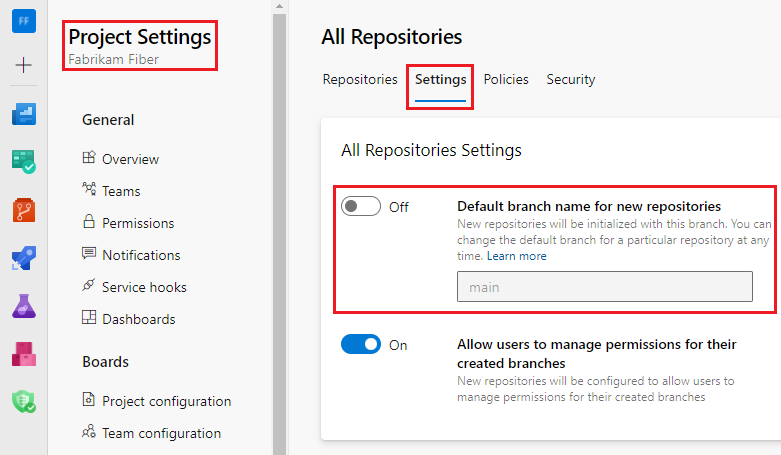 Screenshot that shows the project-level setting for Default branch name for new repositories.