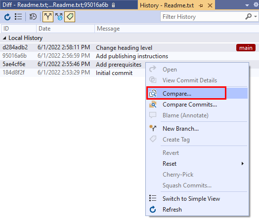 Screenshot: Option „Commits vergleichen“ im Commitkontextmenü in der Verlaufsansicht eines Commits in Visual Studio.