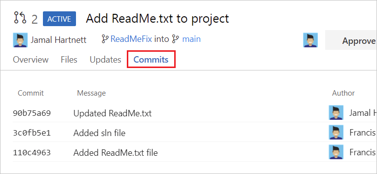 Screenshot: Liste von Commits auf der Registerkarte „Commits“ für einen Azure Repos-PR
