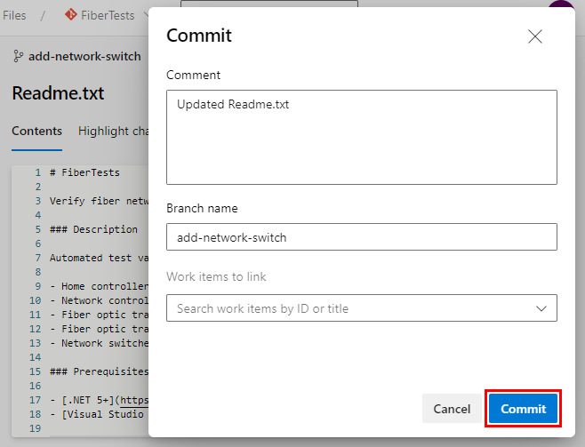 Screenshot: Dialogfeld „Commit“ in Azure Repos