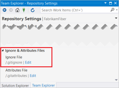 Screenshot of the ignore file edit option in Visual Studio.