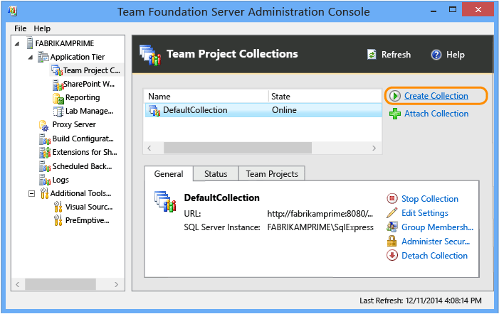 Screenshot der TFS-Verwaltungskonsole, Erstellen einer Projektsammlung.