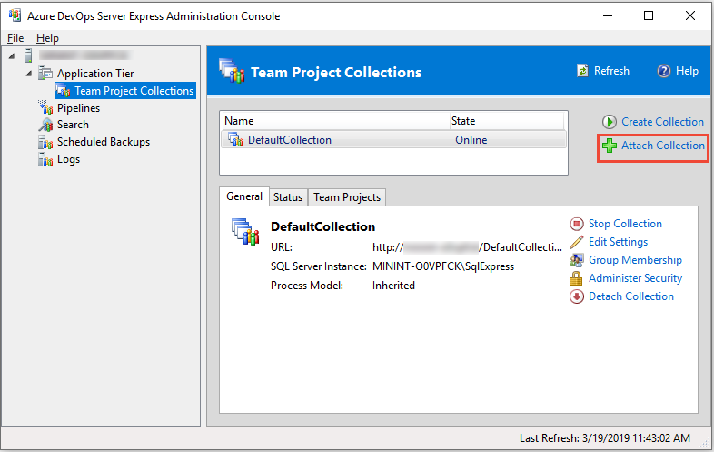 Azure DevOps Server-Verwaltungskonsole, Teamprojektsammlungen
